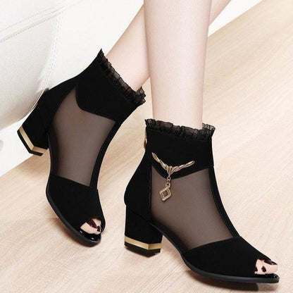 Women's Sexy Frill Hollow Ankle Boots Chunky All Matching - Munsieur
