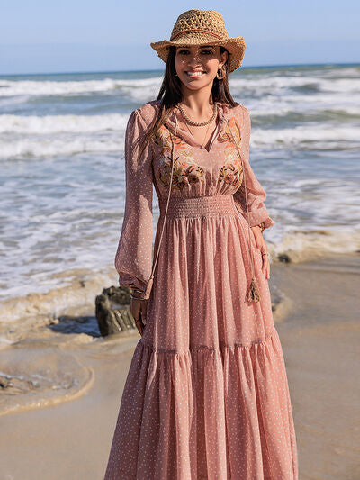 Embroidered Polka Dot Tie Neck Long Sleeve Midi Dress - Munsieur