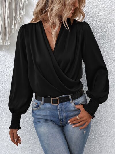 Surplice Smocked Lantern Sleeve Blouse - Munsieur