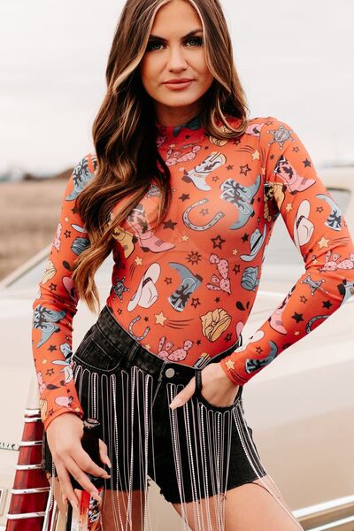 Printed Mock Neck Long Sleeve Bodysuit - Munsieur