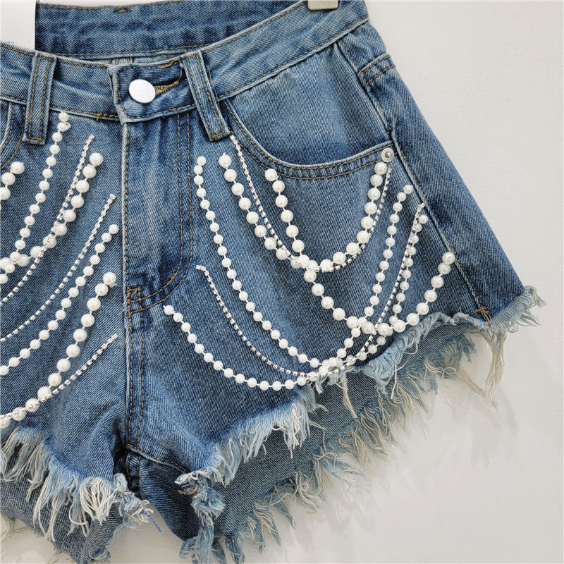 **Sale** Denim Bottoms Women's Summer High Waist Slimming Rhinestone Drip