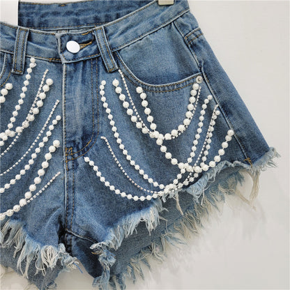 Denim Bottoms Women's Summer High Waist Slimming Rhinestone Drip