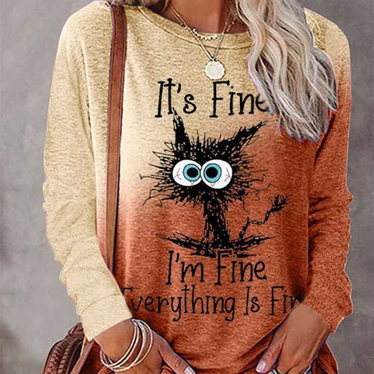 Halloween Gradient Print Long-sleeved T-shirt Round Neck Women
