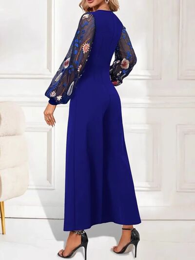 Surplice Embroidered Long Sleeve Wide Leg Jumpsuit - Munsieur