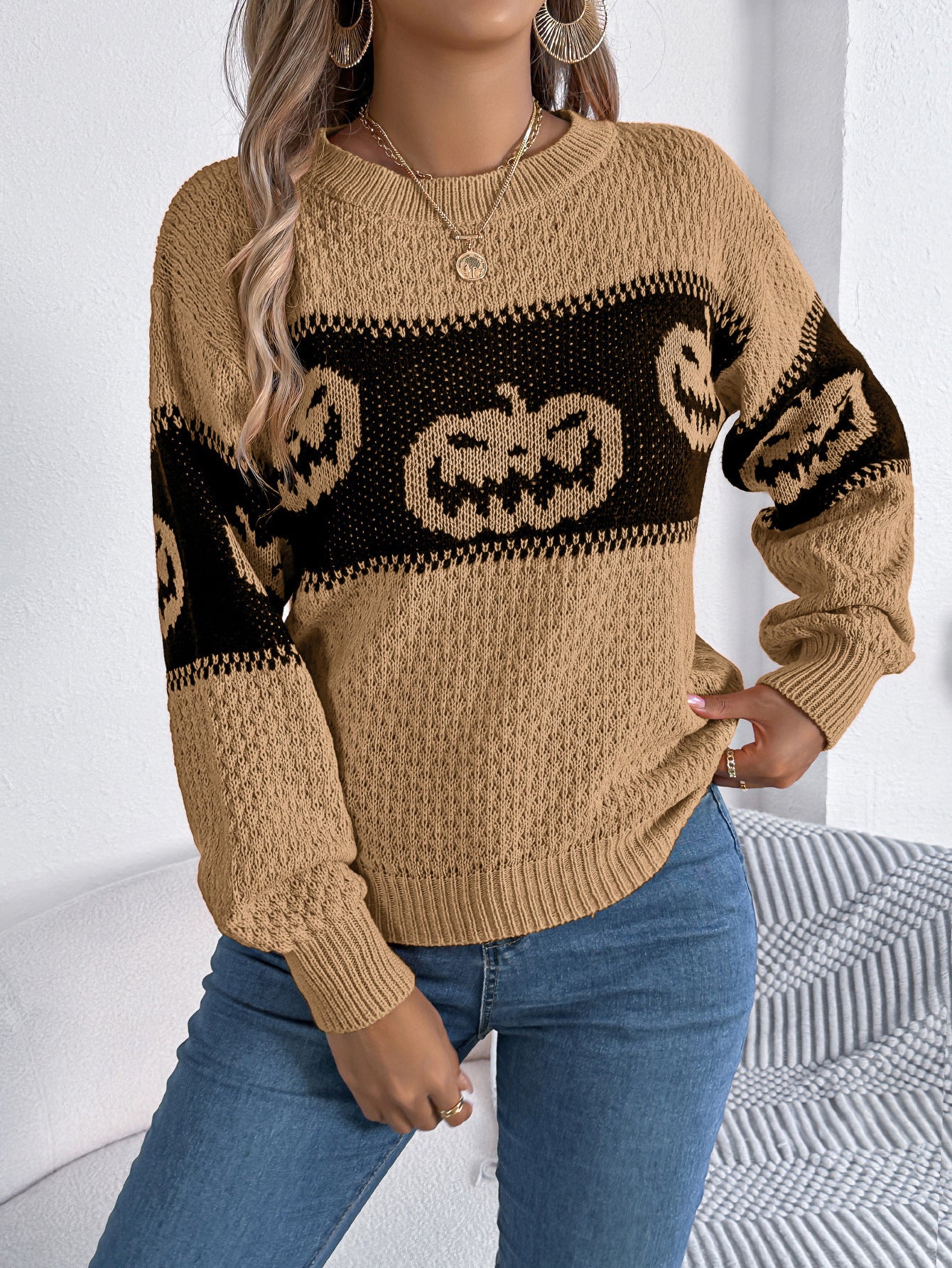 Halloween Pumpkin Print Sweater Knitted Style  For Women