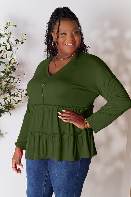 Double Take Half Button Long Sleeve Ruffle Hem Blouse - Munsieur