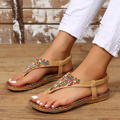 PU Leather Beaded Flat Sandals - Munsieur
