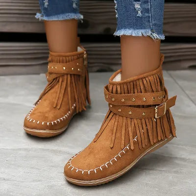 Fringe Studded Suede Flat Boots - Munsieur
