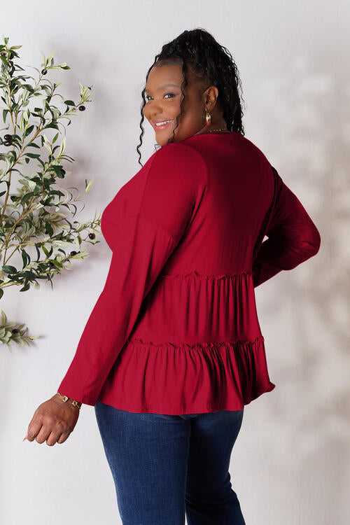 Double Take Half Button Long Sleeve Ruffle Hem Blouse - Munsieur