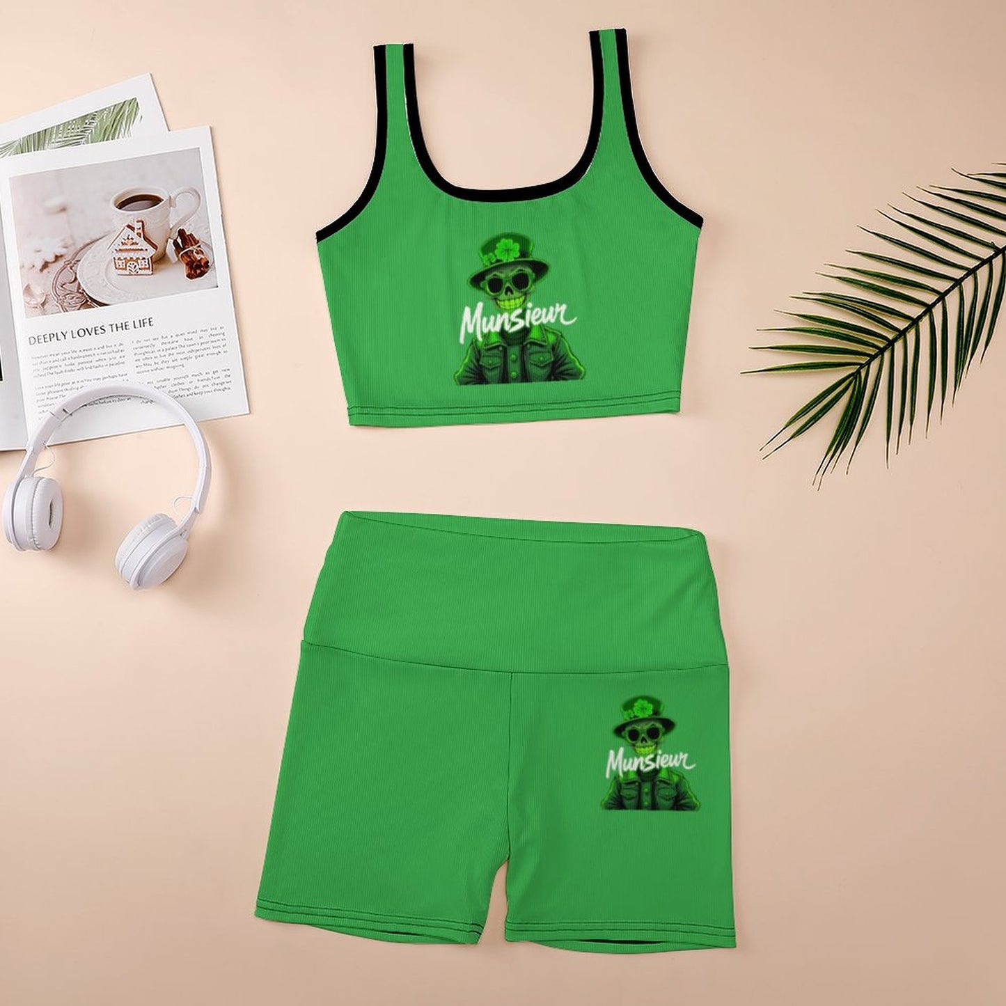 Munsieur St. Patrick's Day Collection Clover Gang Custom Printed Patterned Ribbed Yoga Bottom Sets