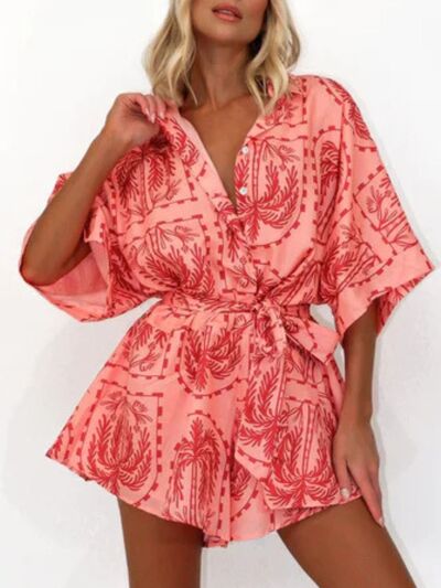 Printed Tie Waist Half Sleeve Romper - Munsieur
