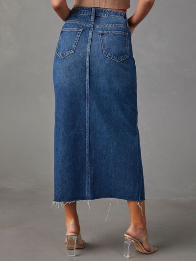 Raw Hem Front Slit Denim Midi Skirt - Munsieur