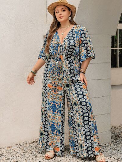 Plus Size Printed Half Sleeve Wide Leg Jumpsuit - Munsieur