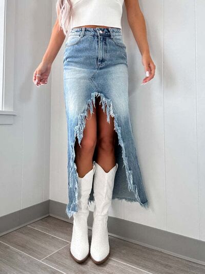 High-Waist Raw Hem Asymmetry Denim Skirt - Munsieur