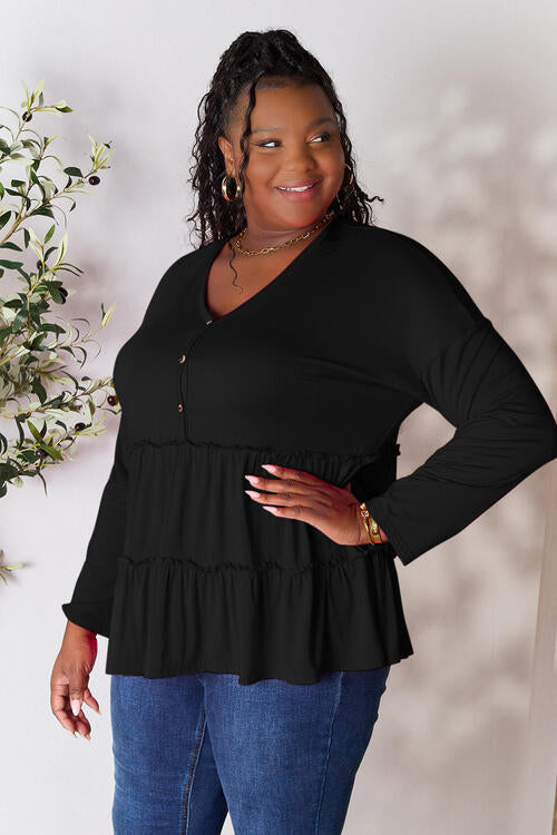 Double Take Half Button Long Sleeve Ruffle Hem Blouse - Munsieur