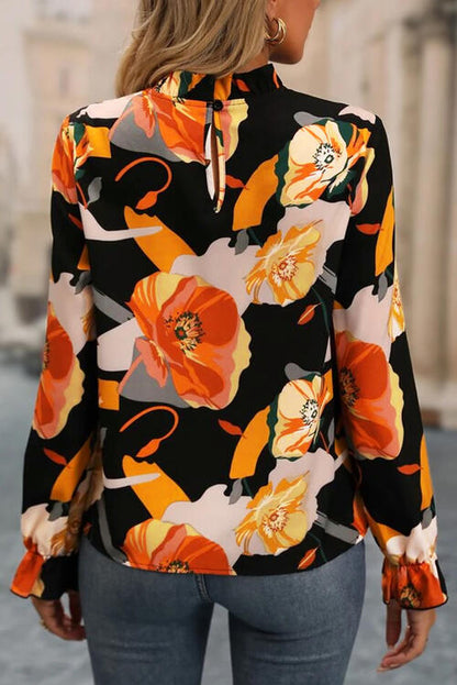 Floral Mock Neck Flounce Sleeve Blouse - Munsieur