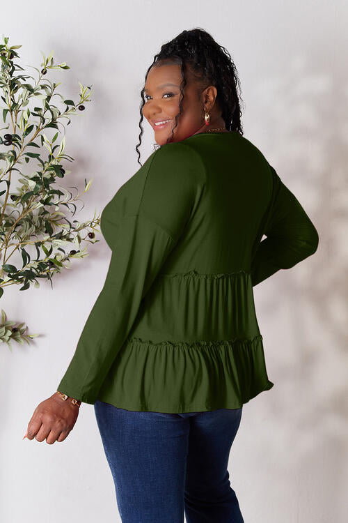 Double Take Half Button Long Sleeve Ruffle Hem Blouse - Munsieur
