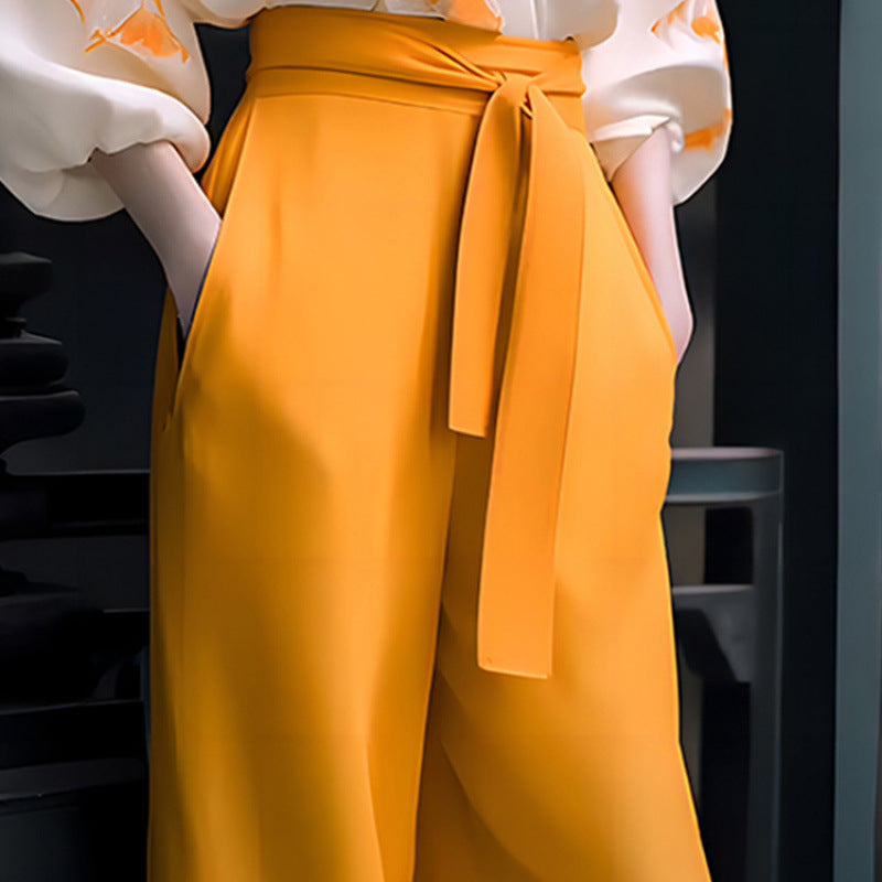 Women's Fashionable Retro High-end Slimming Wear Flab Hiding Blouse Wide-leg Bodysuit Two-piece Set Women