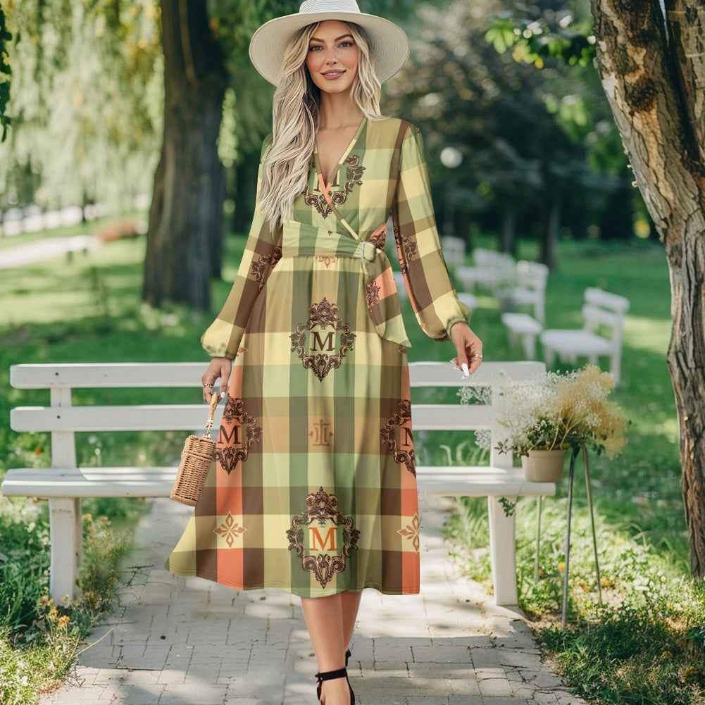 V-Neck Long Sleeve Tie Waist Midi Dress