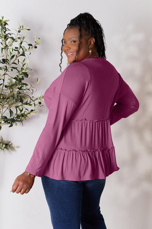 Double Take Half Button Long Sleeve Ruffle Hem Blouse - Munsieur