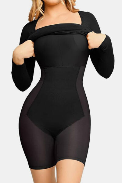 Full Size Built-In Shapewear Square Neck Long Sleeve Dress - Munsieur