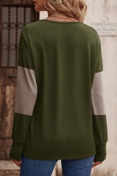 Decorative Button Contrast V-Neck Long Sleeve T-Shirt - Munsieur