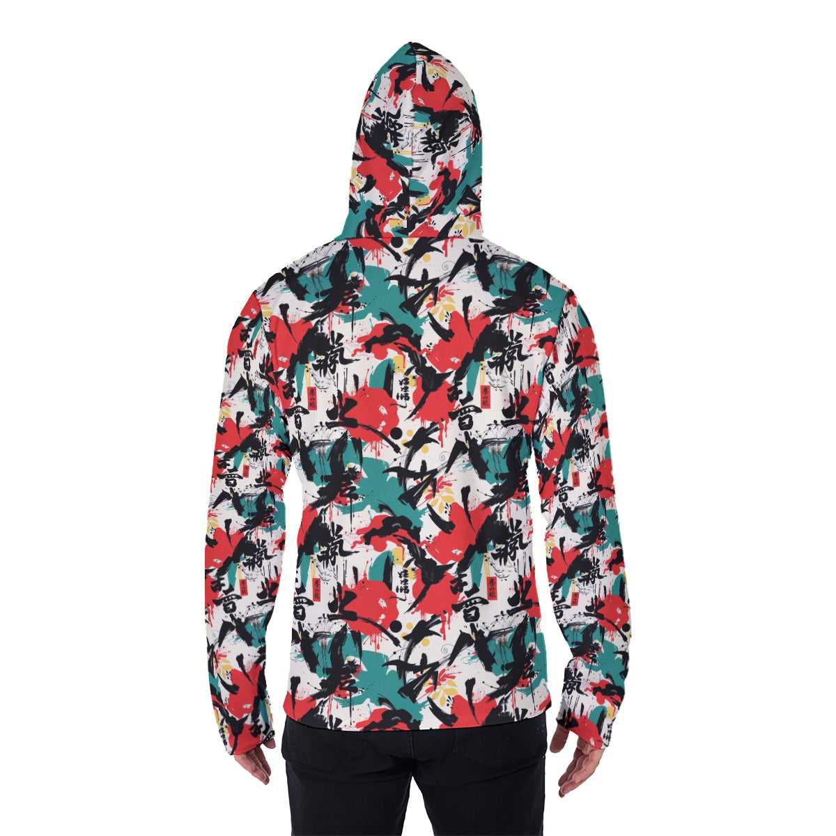 Back view of Munsieur all-over print graphic hoodie with red, teal, and black abstract design