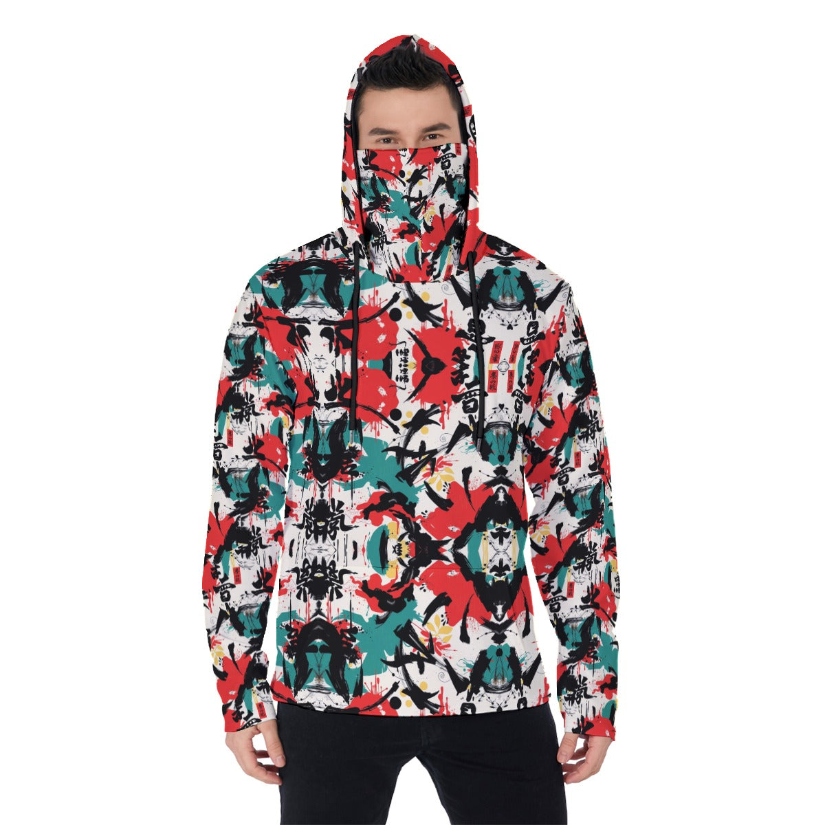 Munsieur all-over print graphic hoodie with red, black, and teal abstract design and built-in face cover
