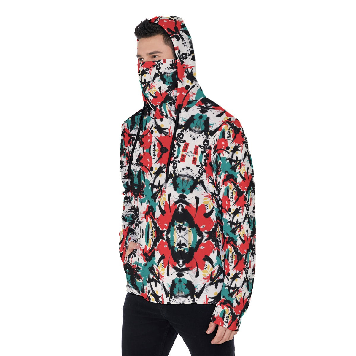Munsieur all-over print graphic hoodie with colorful abstract design worn by male model