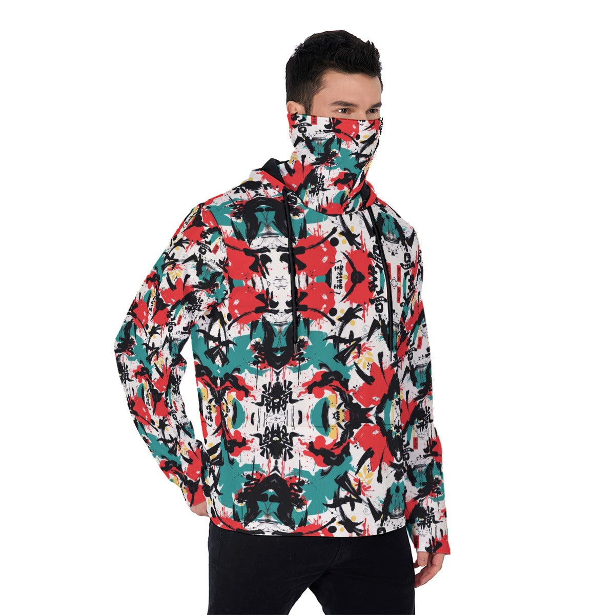 Munsieur all-over print graphic hoodie with red green and black abstract design on male model