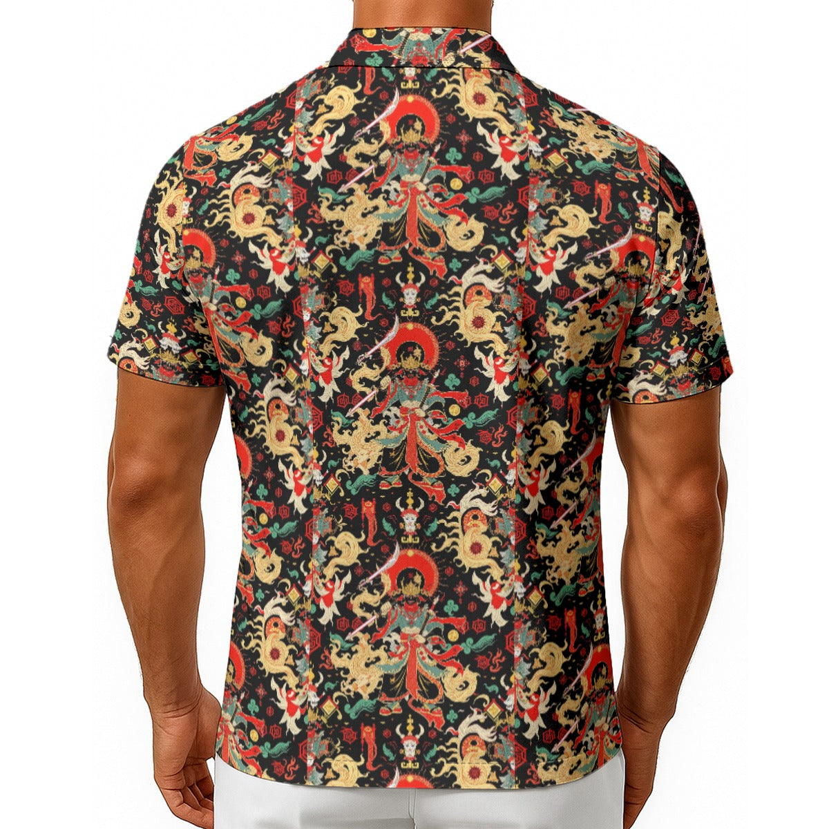 Munsieur all-over print streetwear tee with vibrant artistic patterns shown from back