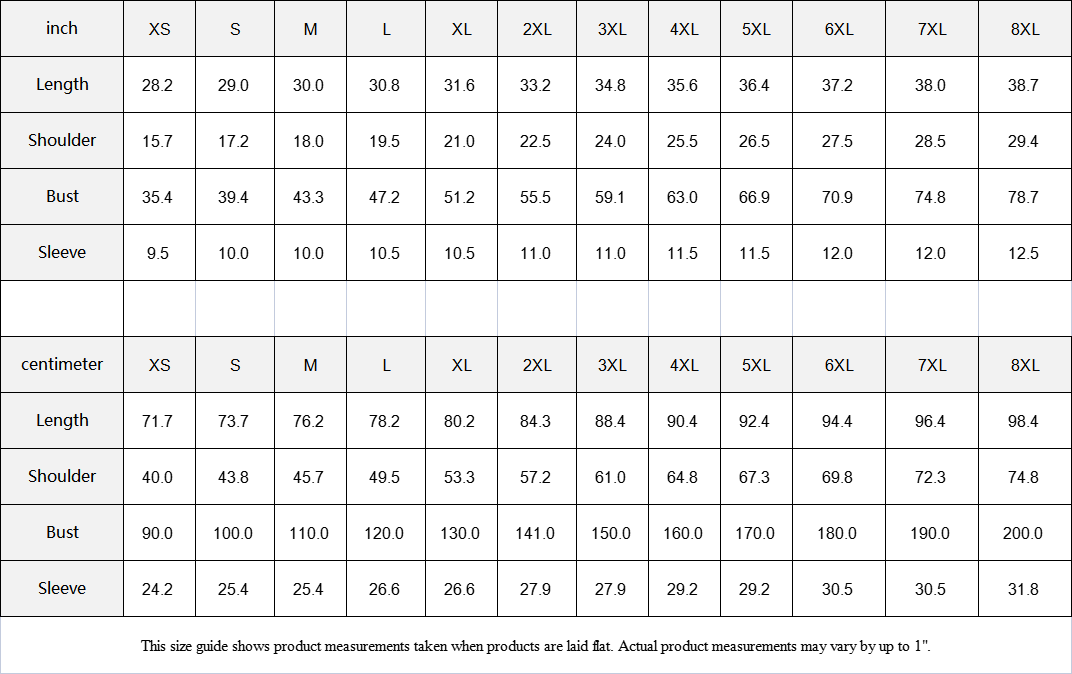 Size chart for Munsieur all-over print streetwear tee showing measurements in inches and centimeters