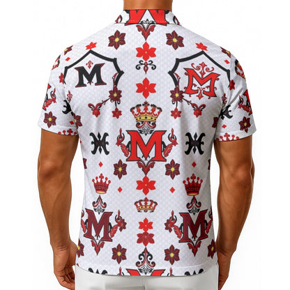 Munsieur all-over print summer tee for men with red and black floral and crown patterns on white background