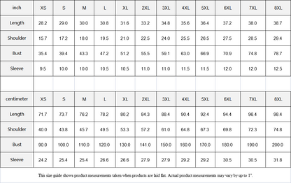 Size chart for Munsieur all-over print summer tee for men with measurements in inches and centimeters
