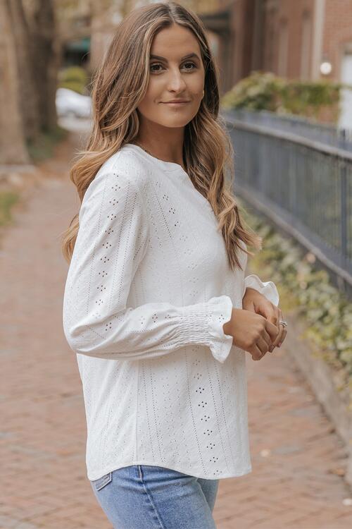 Openwork Notched Flounce Sleeve Blouse - Munsieur