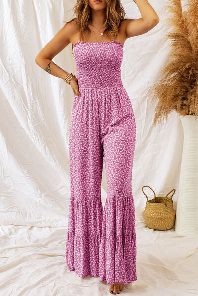 Smocked Printed Wide Strap Jumpsuit - Munsieur