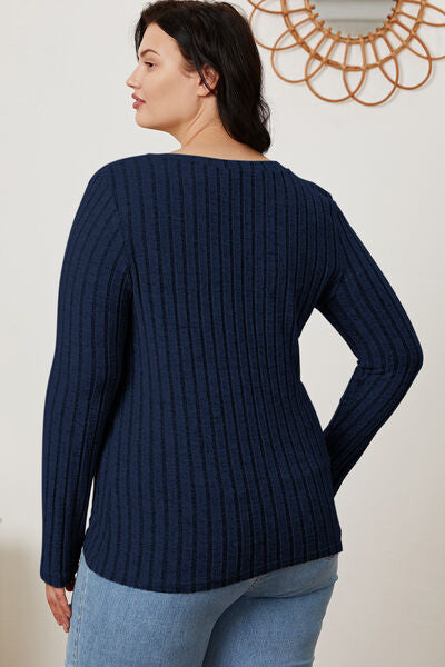 Full Size Ribbed V-Neck Long Sleeve T-Shirt - Munsieur