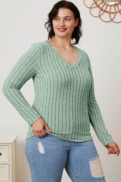 Full Size Ribbed V-Neck Long Sleeve T-Shirt - Munsieur