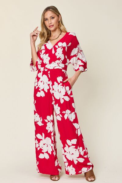Double Take Full Size Printed Tie Back Wide Leg Jumpsuit - Munsieur