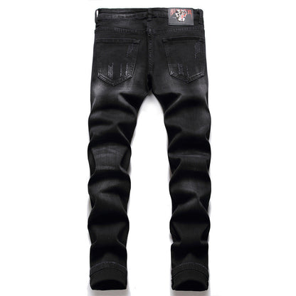 Men's Black Slim-fit Skull Ripped High Street Casual Pants