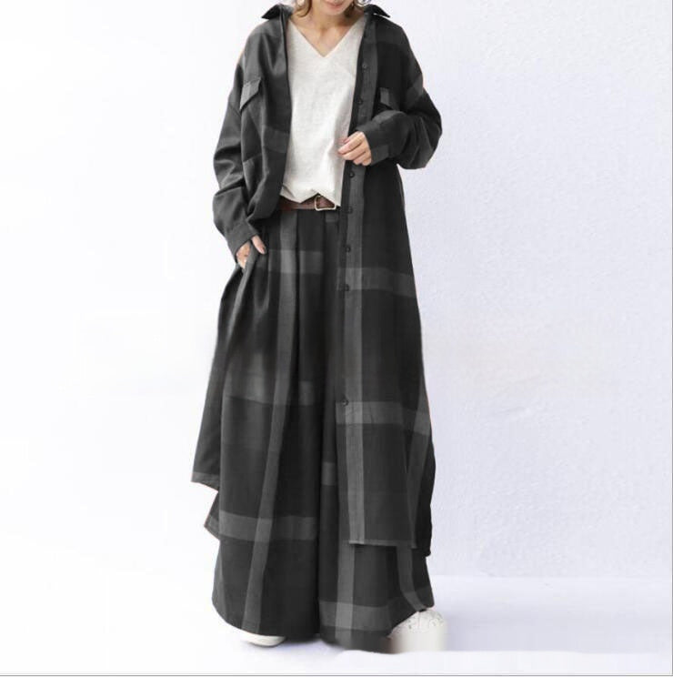 Women's 2pc Elegant Plaid Long-sleeved Cardigan Sweater Set Wide-Leg Two-Piece Set