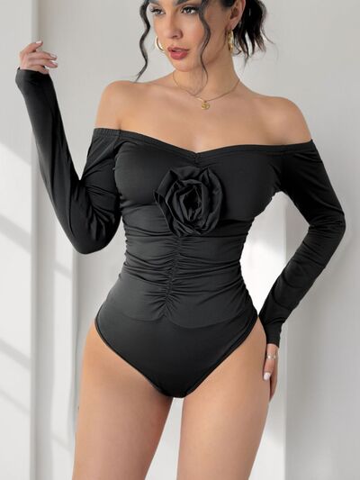 Ruched Flower Off-Shoulder Long Sleeve Bodysuit - Munsieur