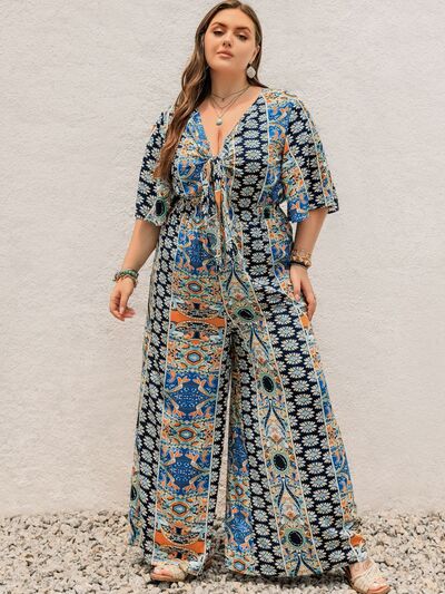 Plus Size Printed Half Sleeve Wide Leg Jumpsuit - Munsieur