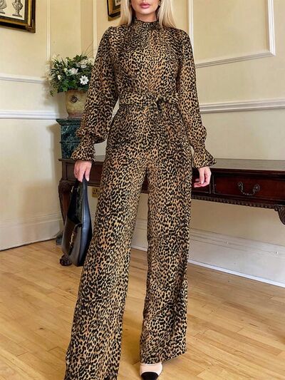 Leopard Flounce Sleeve Wide Leg Jumpsuit - Munsieur