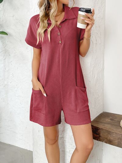 Button Detail Collared Neck Short Sleeve Romper - Munsieur