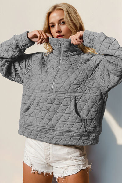 Double Take Half Zip Long Sleeve Quilted Sweatshirt with Pocket - Munsieur