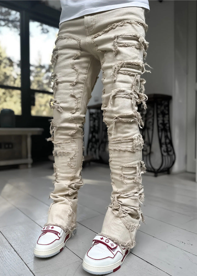 Men's Patched Pants Long Tight Fit Stacked Pants For Men