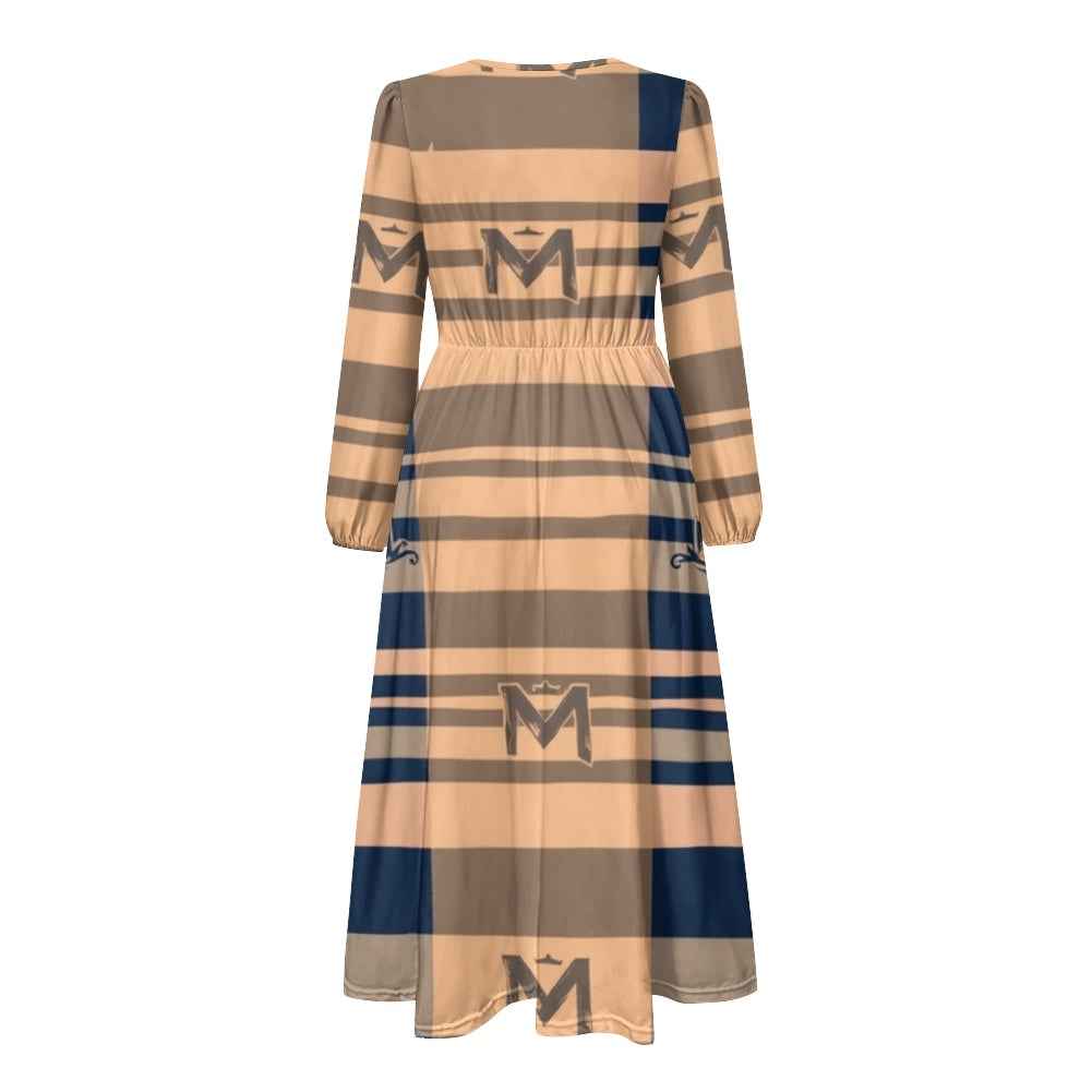 V-Neck Long Sleeve Tie Waist Midi Dress