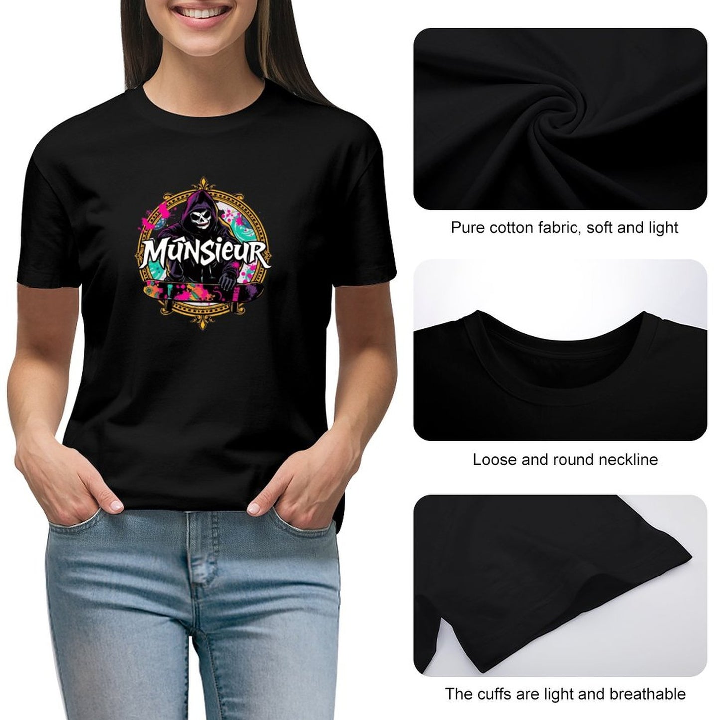 Women's T-shirt Munsieur Brand Streetwear Skater Design Skateboarding