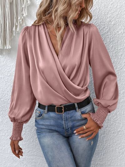 Surplice Smocked Lantern Sleeve Blouse - Munsieur